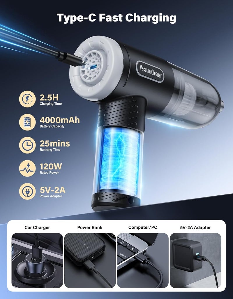 Abanso Car Vacuum Portable Cordless, 9000Pa Handheld Vacuum Mini Vacuum Cleaner High Power with Best Suction, 4 in 1 Air Duster Portable Vacuum for Car Keyboard Home Pet Hair with Multi-Nozzles - Image 3